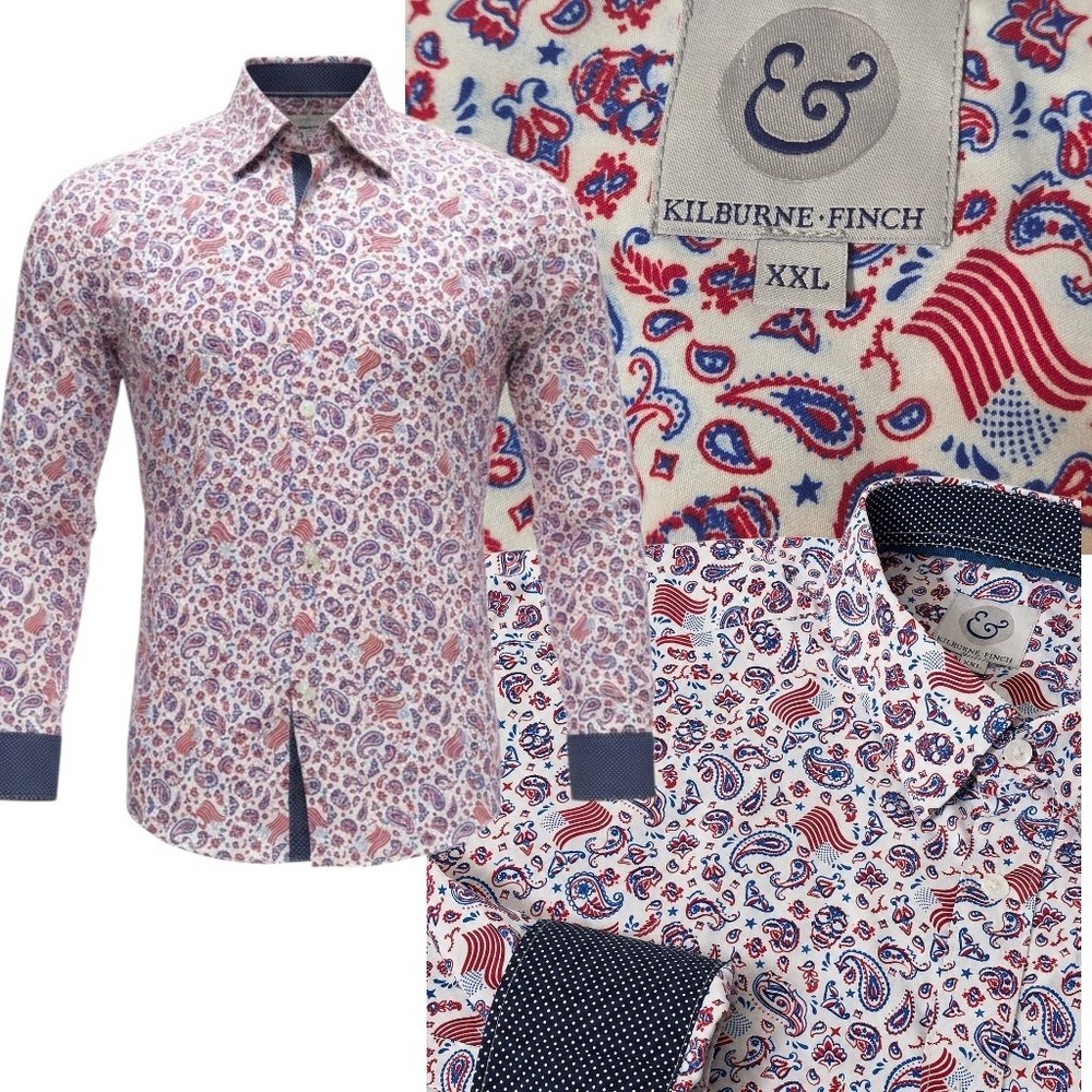 Kilburne Finch Button Down Mens XXL White Patriotic Paisley Flag Shirt